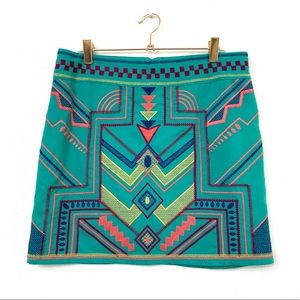 Anthro Champagne & Strawberry Embroidered Aztec Mini Skirt Sz L